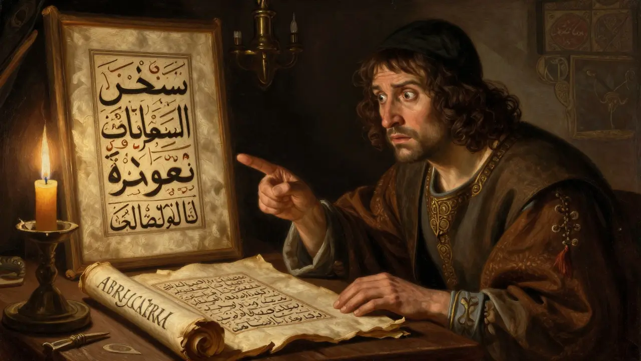 Estudioso medieval comparando un texto romano con un manuscrito árabe, iluminado por vela.