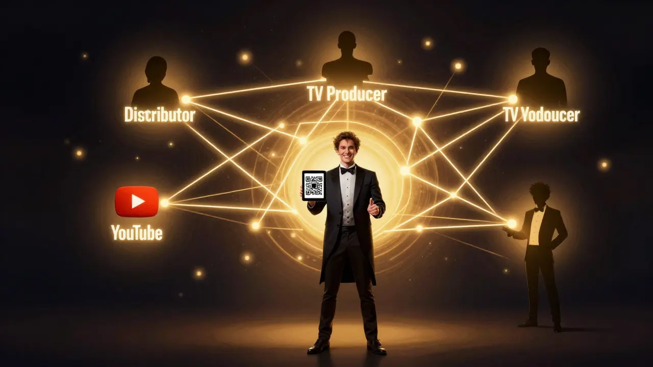 Magician at a convention booth connected by glowing lines to industry professionals symbolizing networking opportunities.