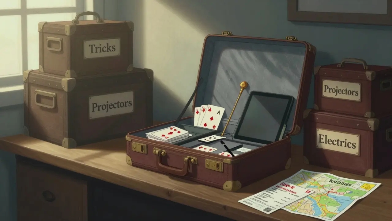 Magician packing props, projectors, and travel documents for a trip to the Magic convention in Las Vegas.