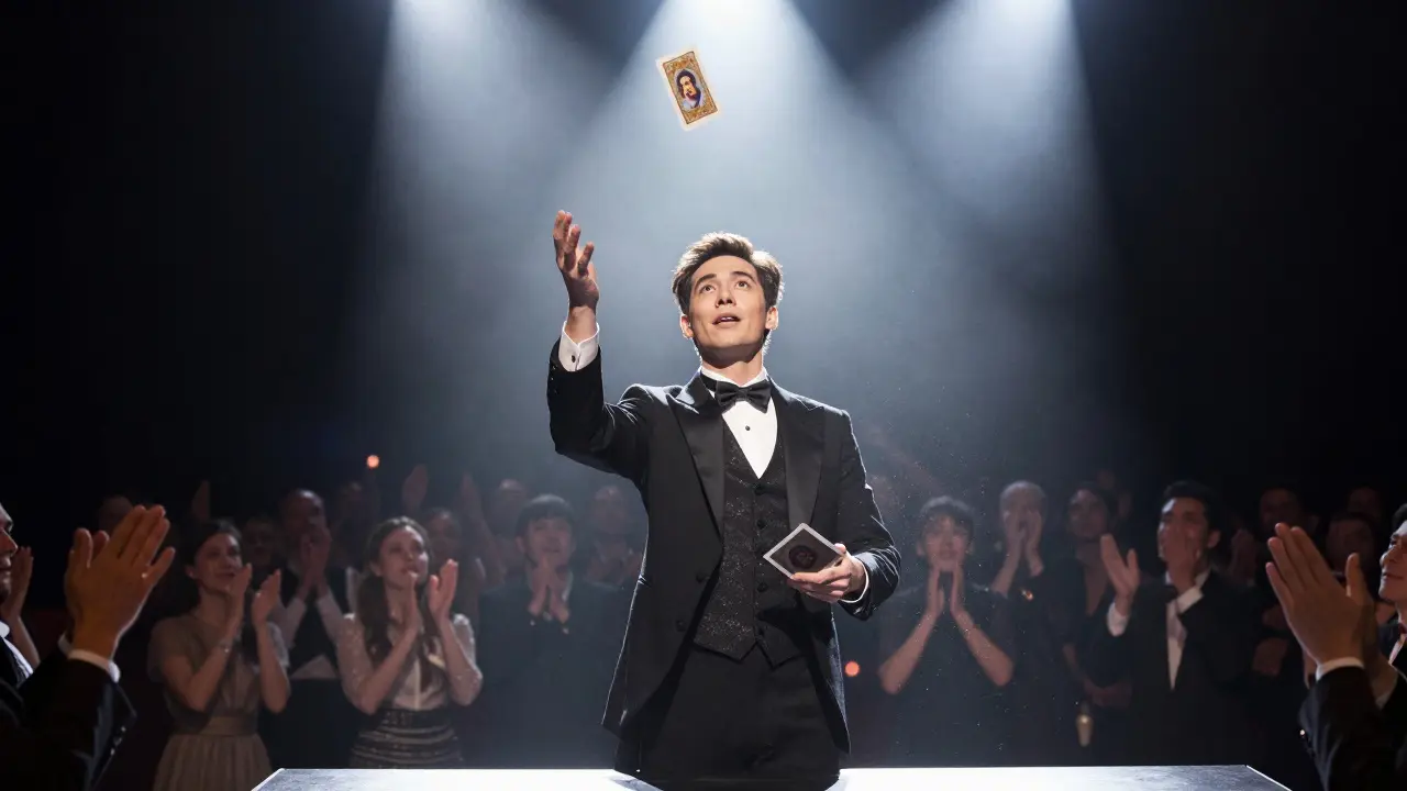 Mago en escenario con carta flotando y multitud aplaudiendo bajo focos brillantes.