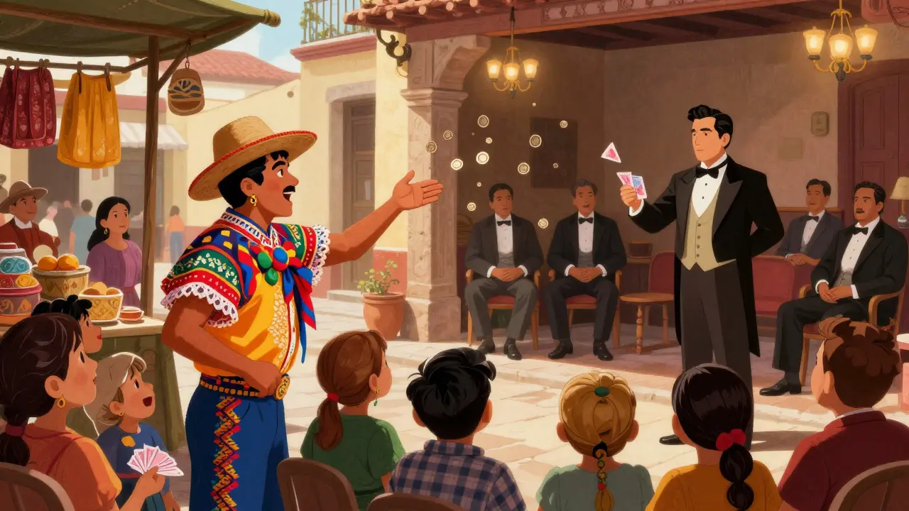Mago en mercado mexicano haciendo trucos con monedas y ilusionista en teatro español con cartas