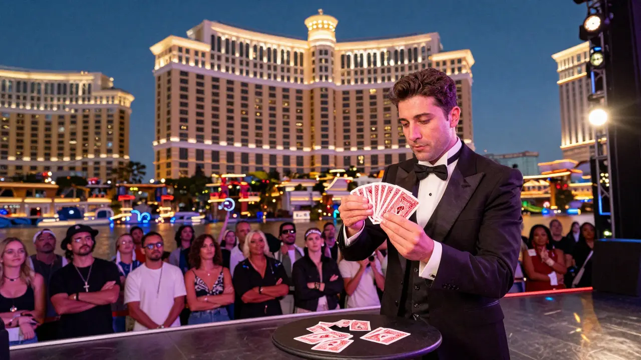 Mago realizando trucos de cartas en Bellagio con público entusiasmado