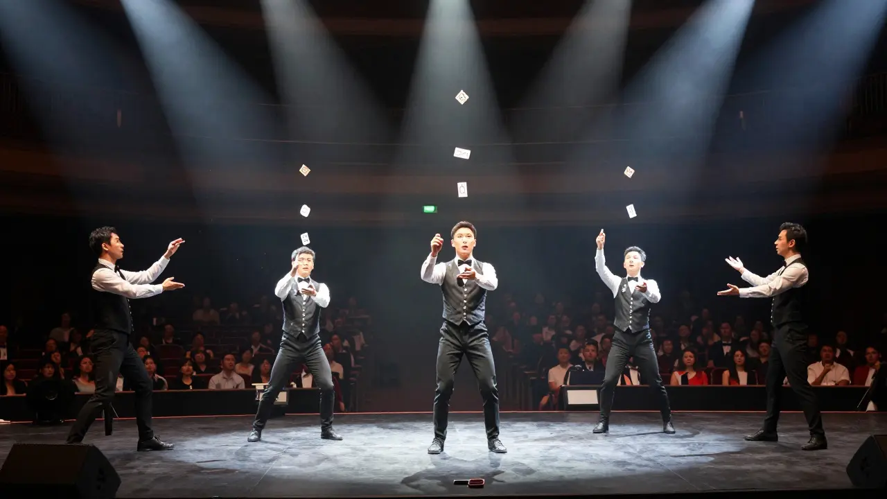 Magos realizando trucos de cartas y levitación en competencia internacional