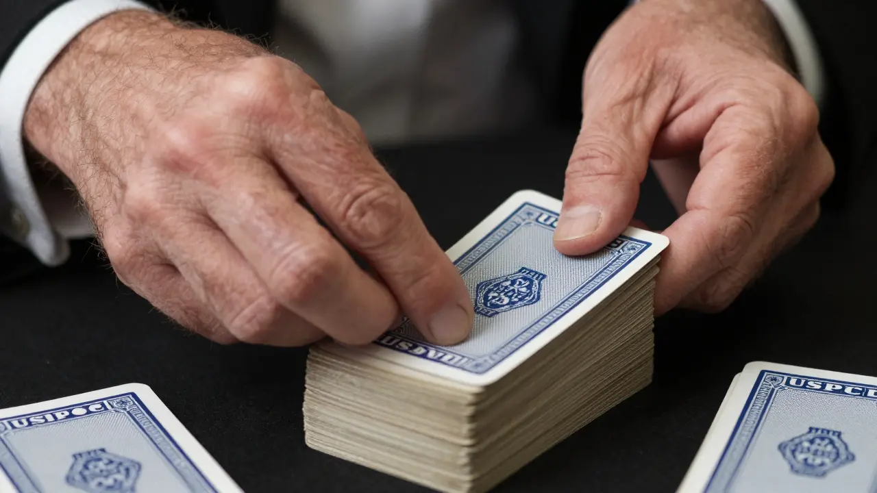 Manos de un mago ejecutando un barajar falso con precisión extrema, cartas deslizándose suavemente.