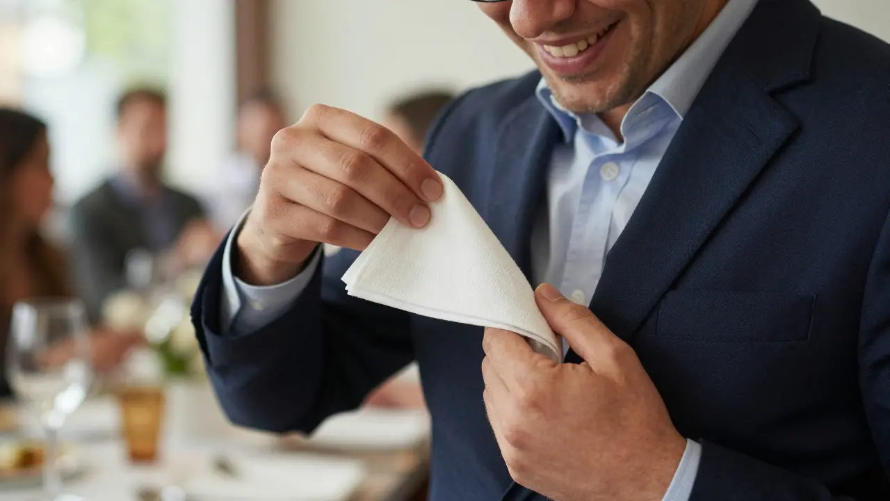 Manos doblando un pañuelo y sacándolo de un bolsillo con una expresión juguetona.