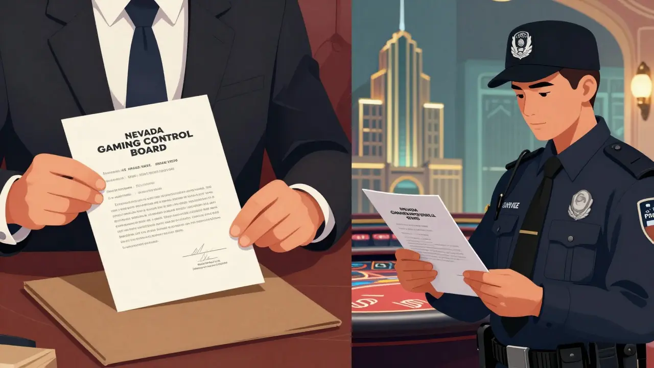 Oficiales revisando credenciales de mago en Nevada y Europa