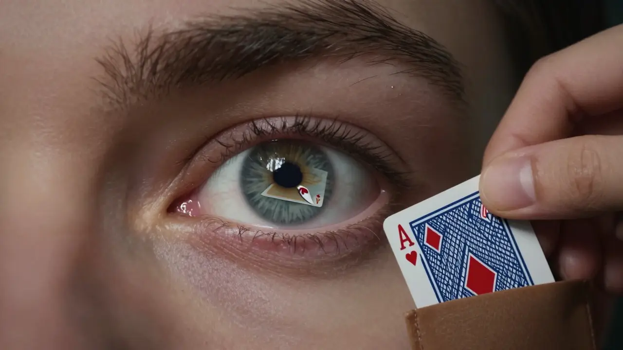 Ojo humano reflejando un truco de cartas, simbolizando la manipulación de la atención.