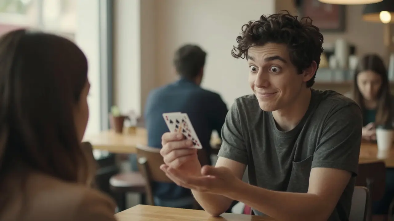 Persona en una cafetería reaccionando con asombro ante un truco de cartas sin palabras.