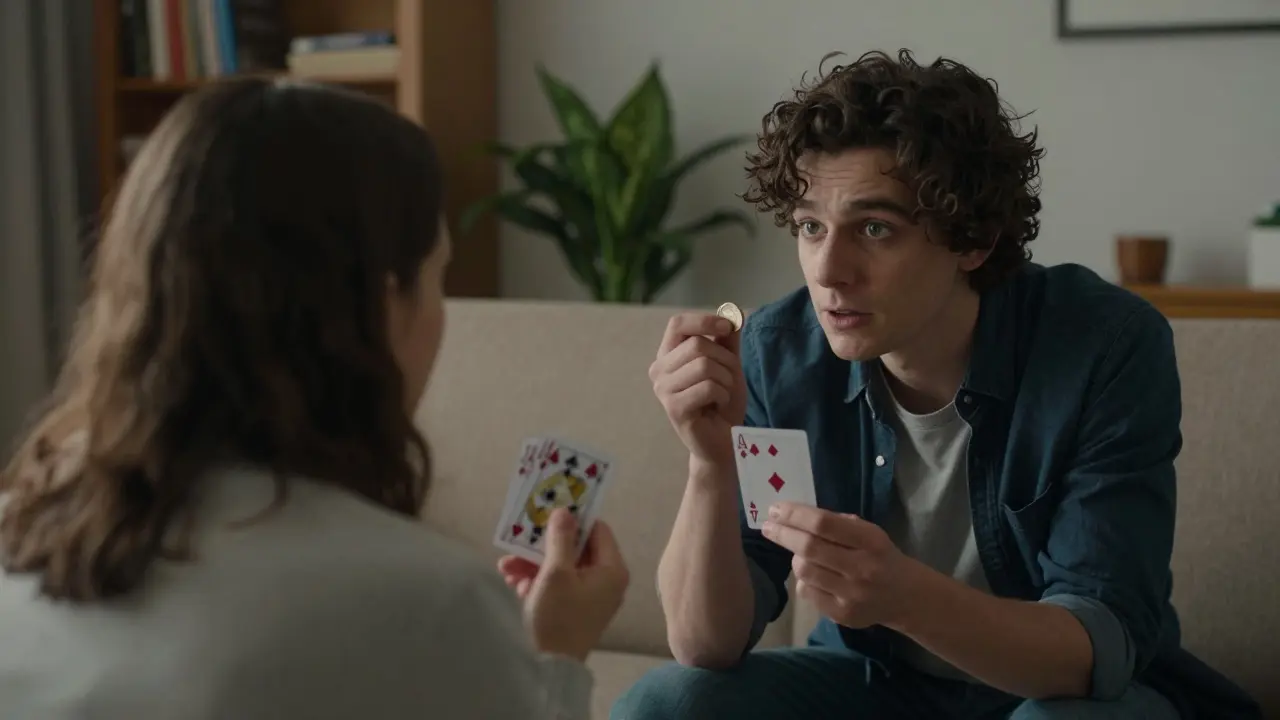 Persona haciendo un truco de magia a un vecino en un salón de casa.