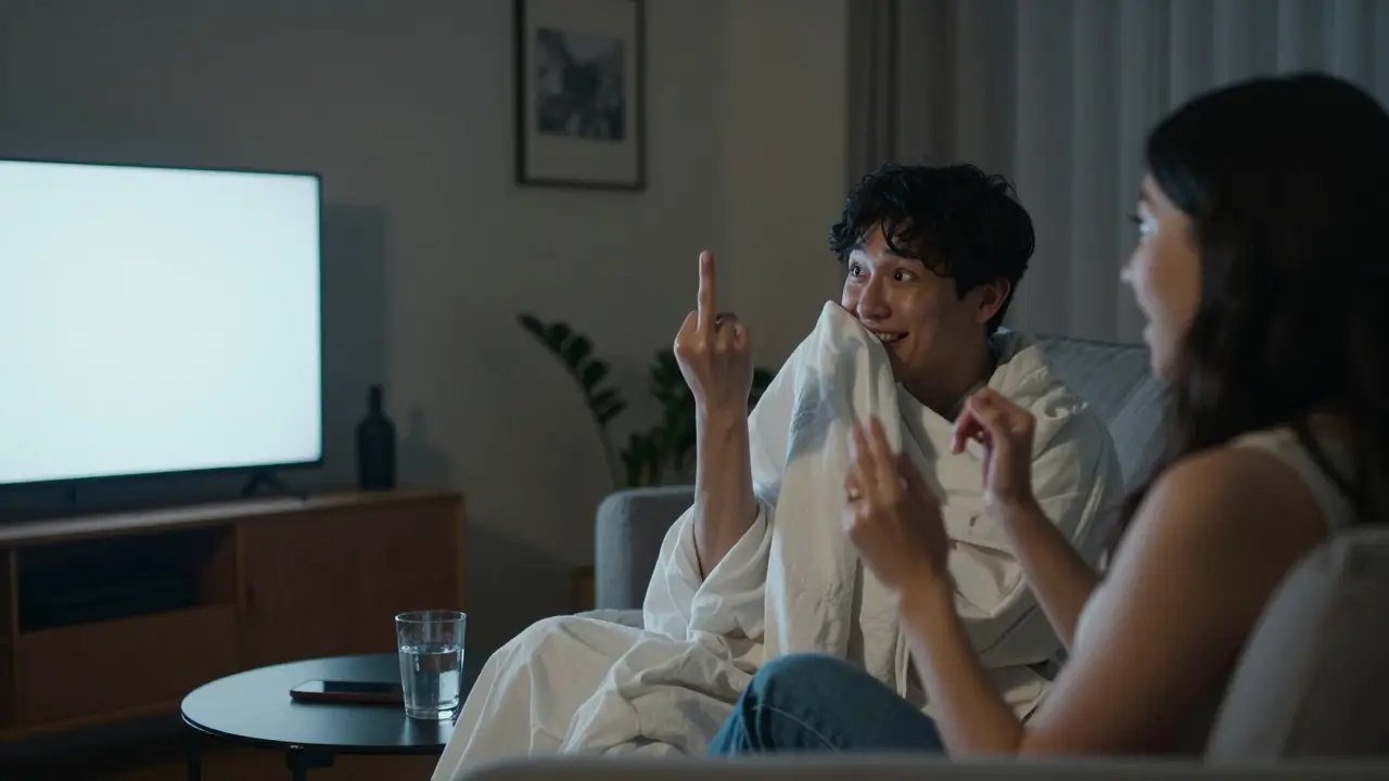 Persona sonriendo mientras hace el truco del dedo medio con una mano escondida, y un amigo mira asombrado.