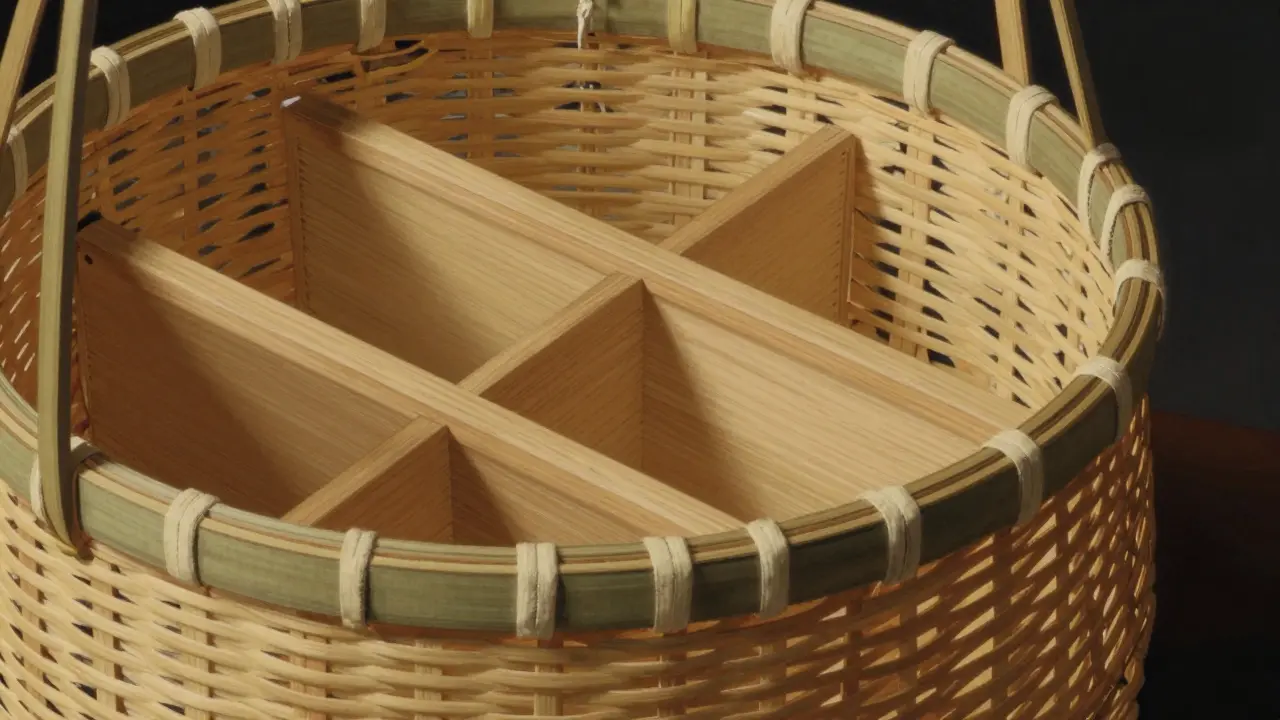 Sección transversal de una cesta de bambú con compartimentos ocultos deslizantes.