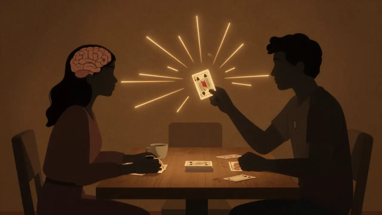 Silueta realizando un truco de cartas mientras líneas doradas conectan con los rostros de los espectadores.