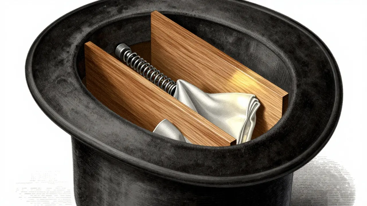 Sombrero de mago con fondo falso y mecanismo interno de madera y resorte visible.