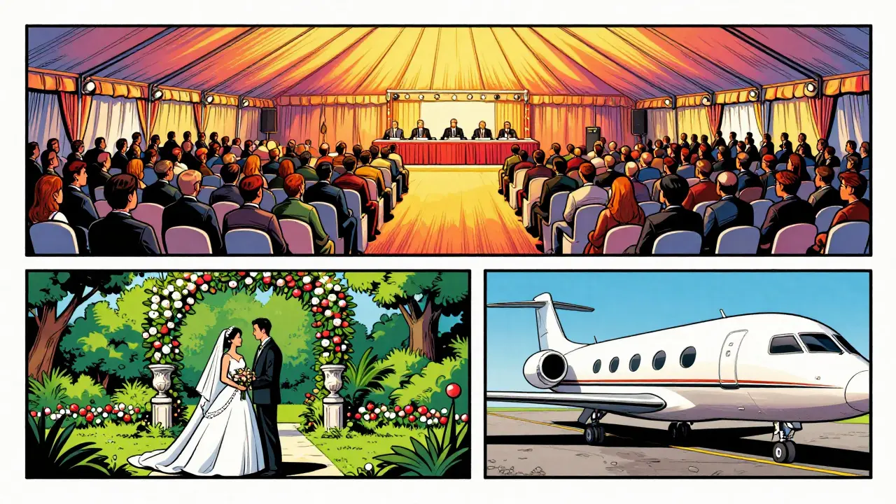 Tres escenarios de eventos: corporativo, boda y jet privado internacional