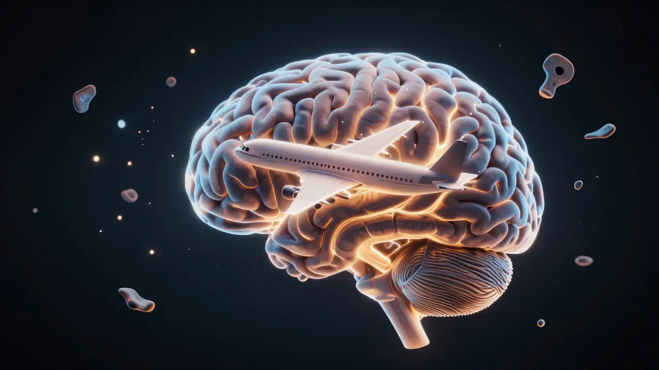 Un cerebro humano iluminado con una aeronave desvaneciéndose en sus vías neuronales, simbolizando la ilusión y la percepción.