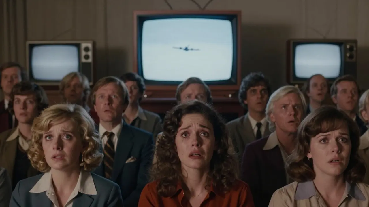 Un grupo de personas mirando una televisión antigua con expresiones de asombro mientras un avión desaparece en la pantalla.