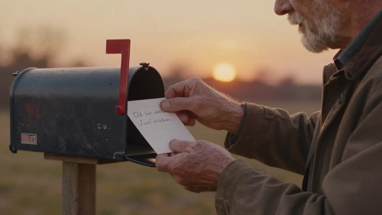 Un hombre deja una nota en un buzón al atardecer, mientras una mano en la casa vecina la recoge en silencio.