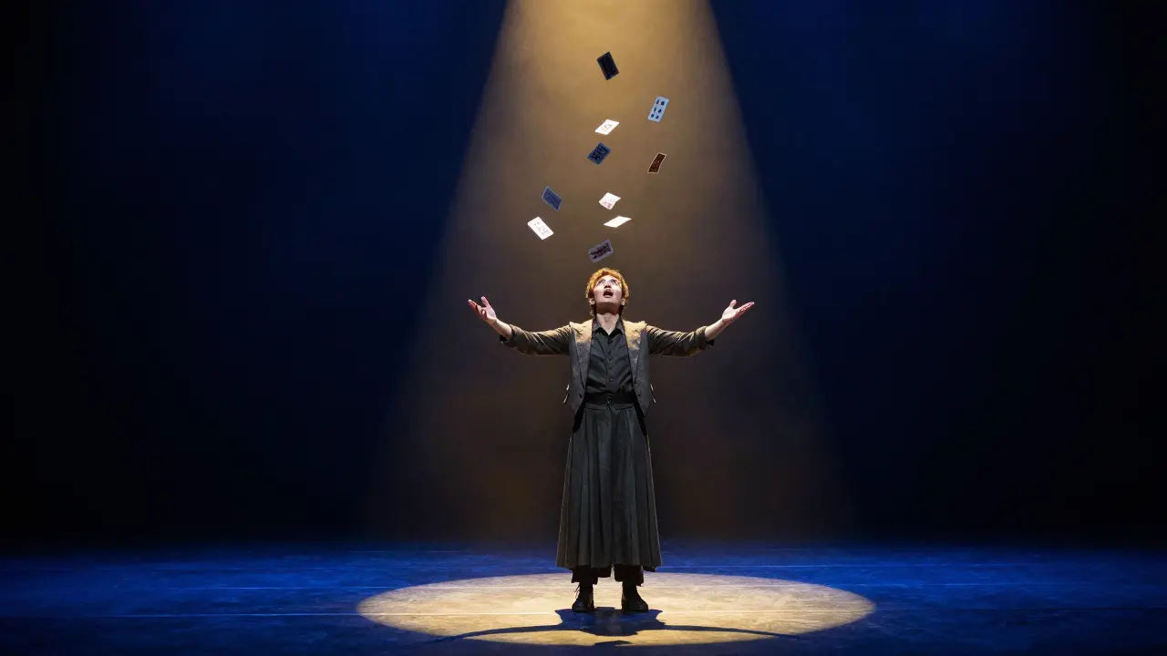 Un mago en escena cuenta una historia dramática mientras cartas flotan en el aire bajo una luz tenue.