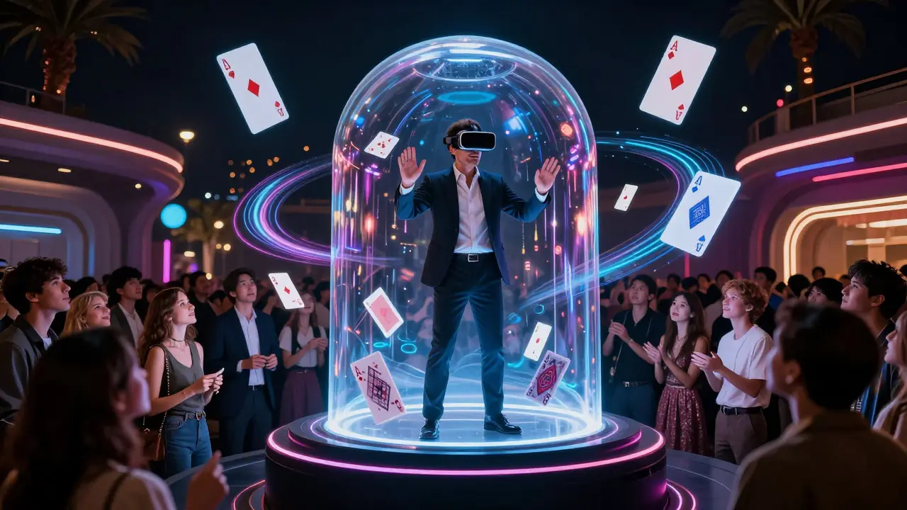 Un mago en un domo de realidad virtual rodeado de cartas flotantes y ilusiones digitales, mientras una multitud mira con asombro en Las Vegas.