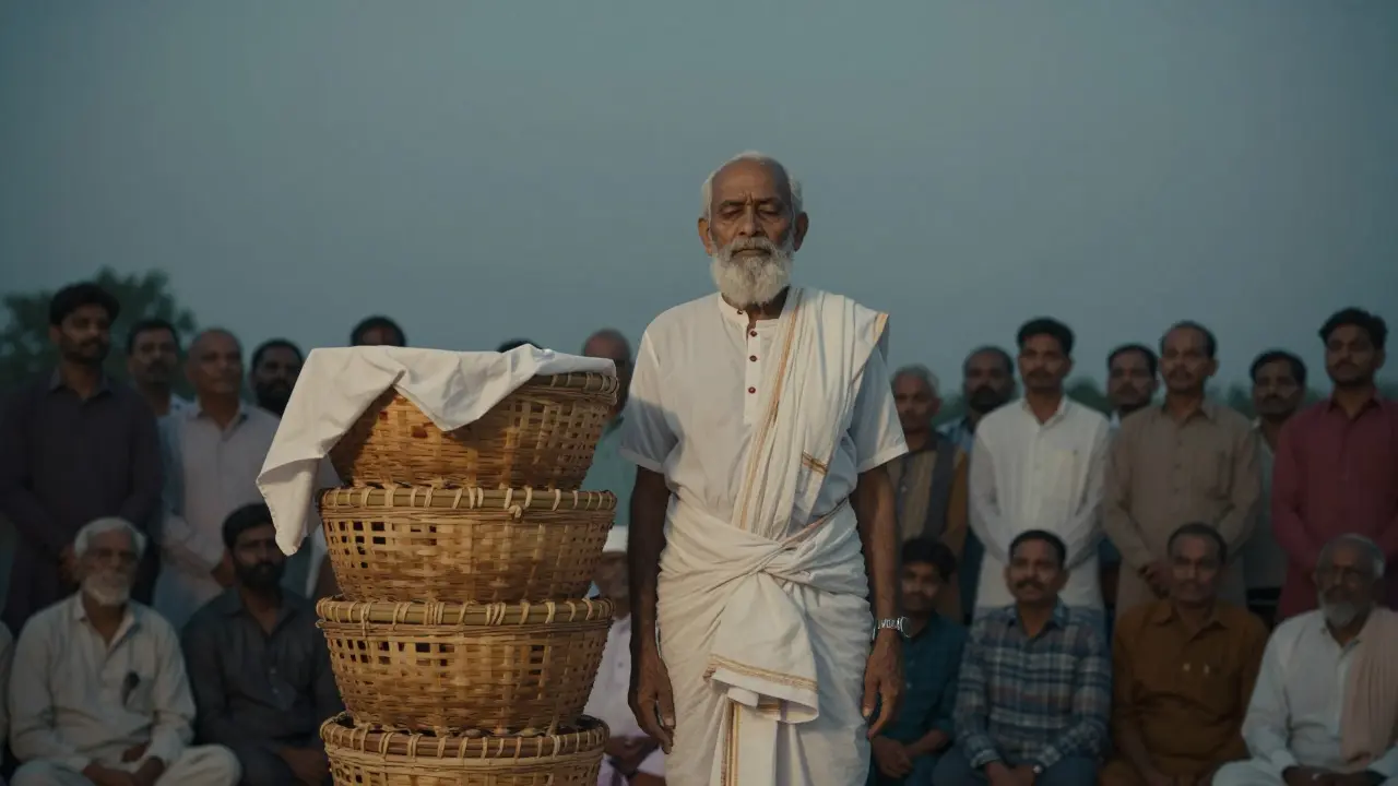 Un mago indio anciano junto a cestas apiladas bajo la luz de la luna, con una multitud silenciosa.