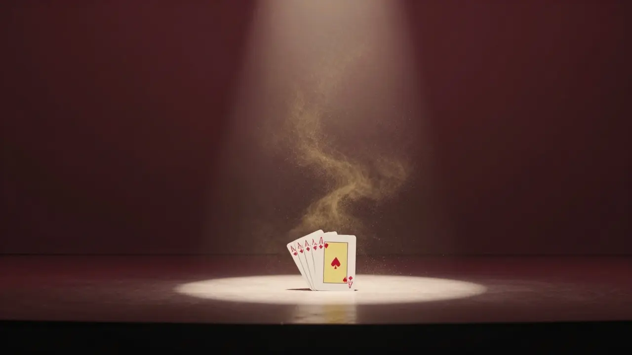 Un mazo de cartas solo en un escenario, con partículas doradas flotando a su alrededor, sin mago visible.