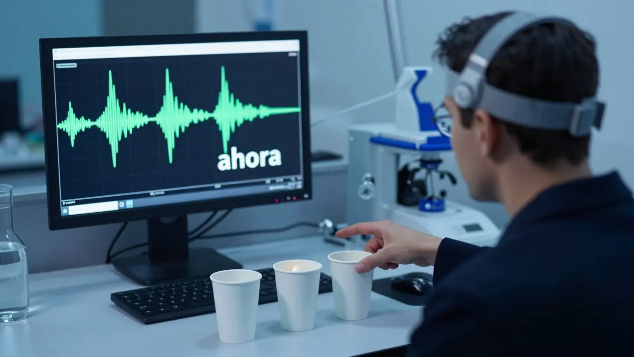 Un participante en un laboratorio de neurociencia observa un truco de magia mientras sus ondas cerebrales se registran en una pantalla.