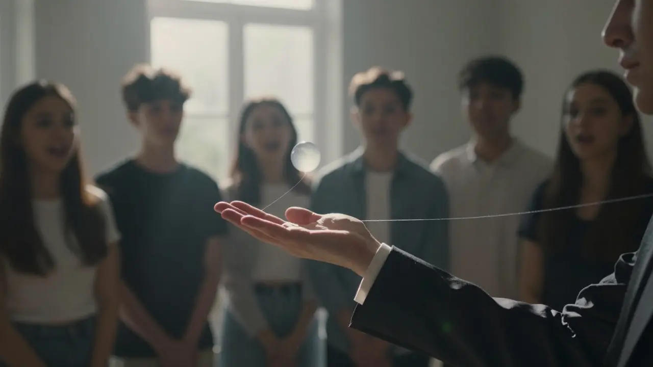 Una bola de plástico flota en el aire sostenida por un hilo casi invisible, mientras un mago la mira con calma y espectadores la observan asombrados.