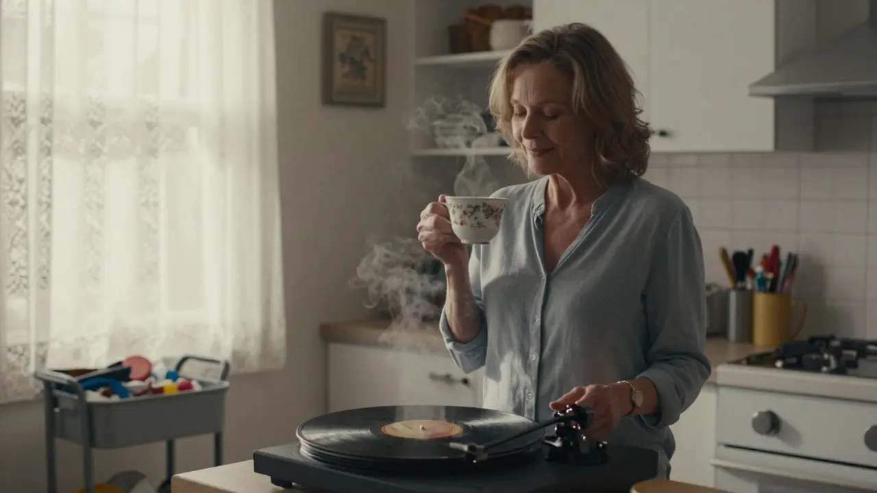Una mujer escucha un disco de vinilo mientras prepara té, con un carrito de limpieza abandonado en segundo plano.