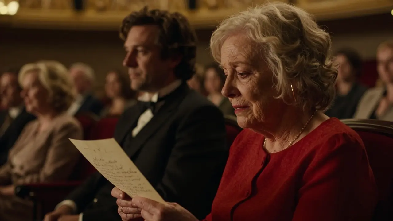 Una mujer llorando mientras sostiene una carta antigua, iluminada por una luz cálida en un teatro, con el mago observando en silueta.