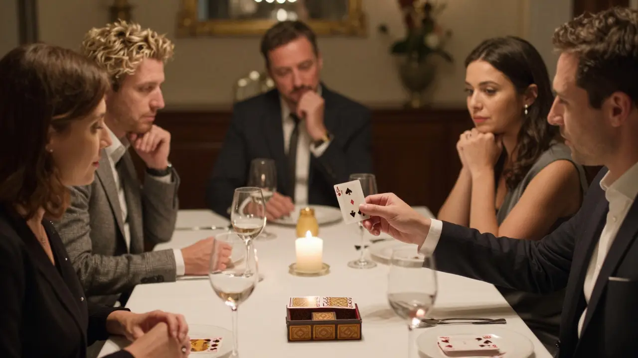 Una persona revela una carta de naipes que adivinó, en una reunión elegante con velas y vino.
