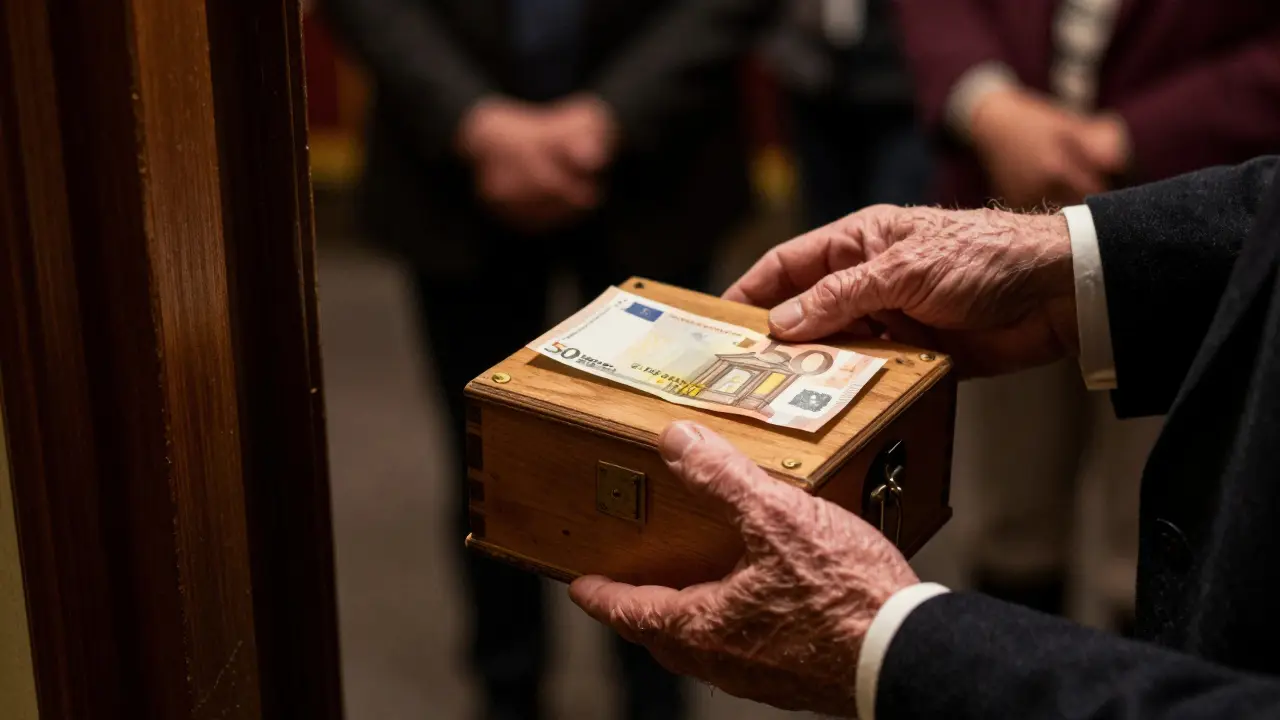 Caja de madera para propinas en la salida de un teatro, con un billete de 50 euros sobre ella, iluminada por una luz suave.