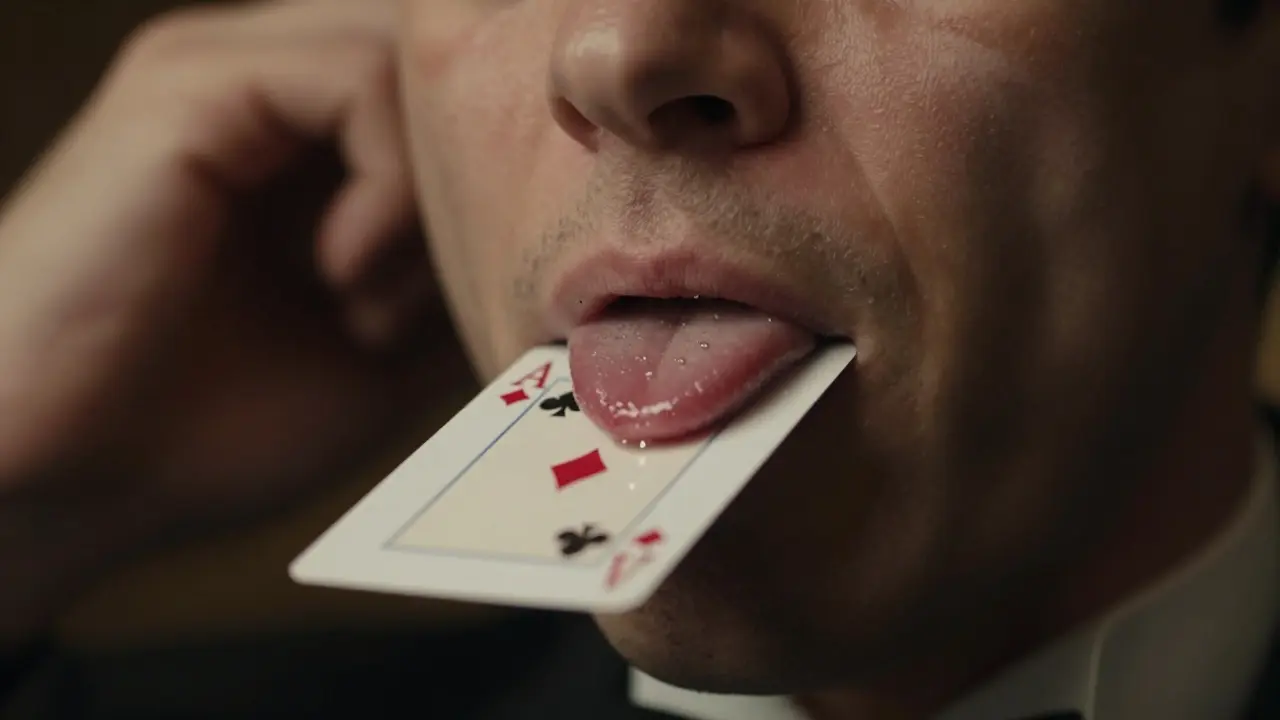 Close-up de los labios de un mago con una carta deslizándose apenas fuera de la boca, lengua suavemente en contacto.