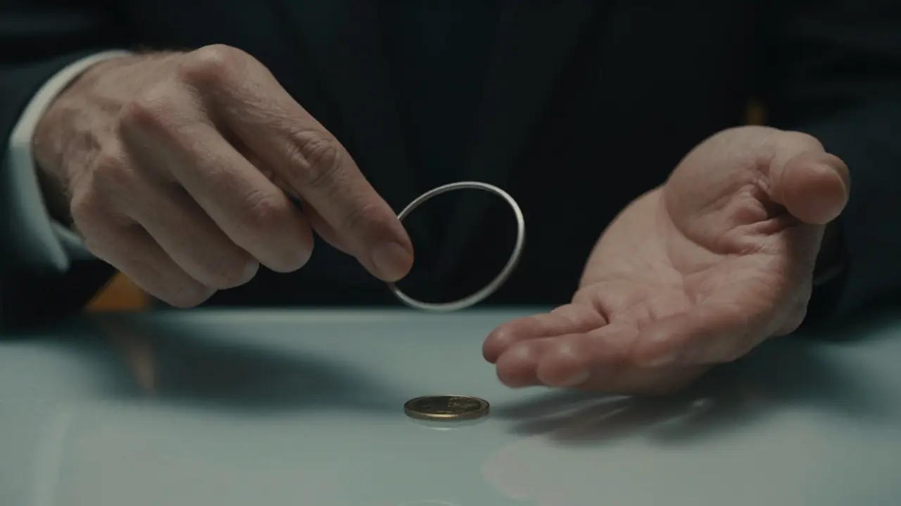 Dos manos realizan el truco del círculo mágico: una muestra la palma vacía, la otra traza un círculo invisible sobre una mesa de vidrio.