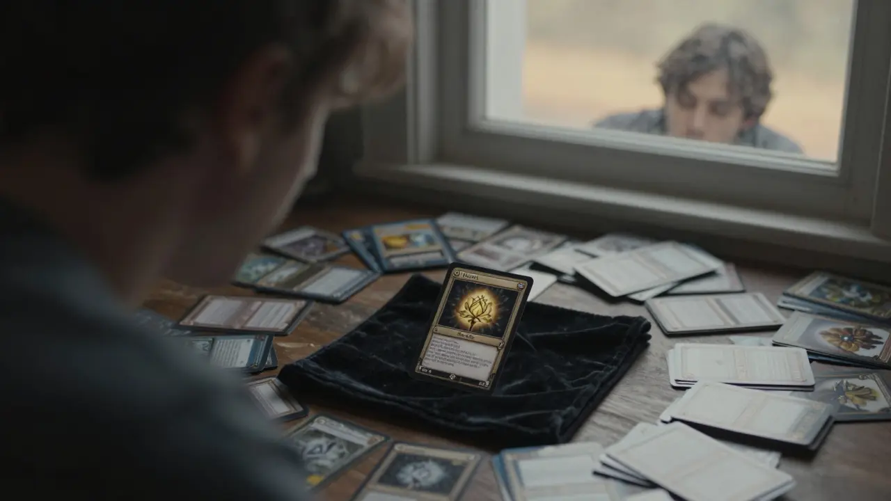 Jugador mirando una carta rara Black Lotus rodeada de cientos de cartas comunes, al amanecer.