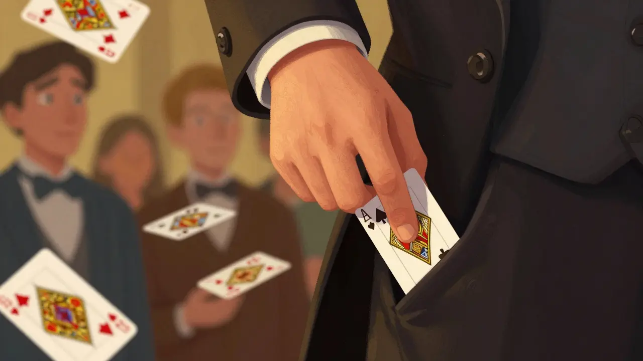 La mano de un mago oculta una carta en la palma mientras cae suavemente en su bolsillo.