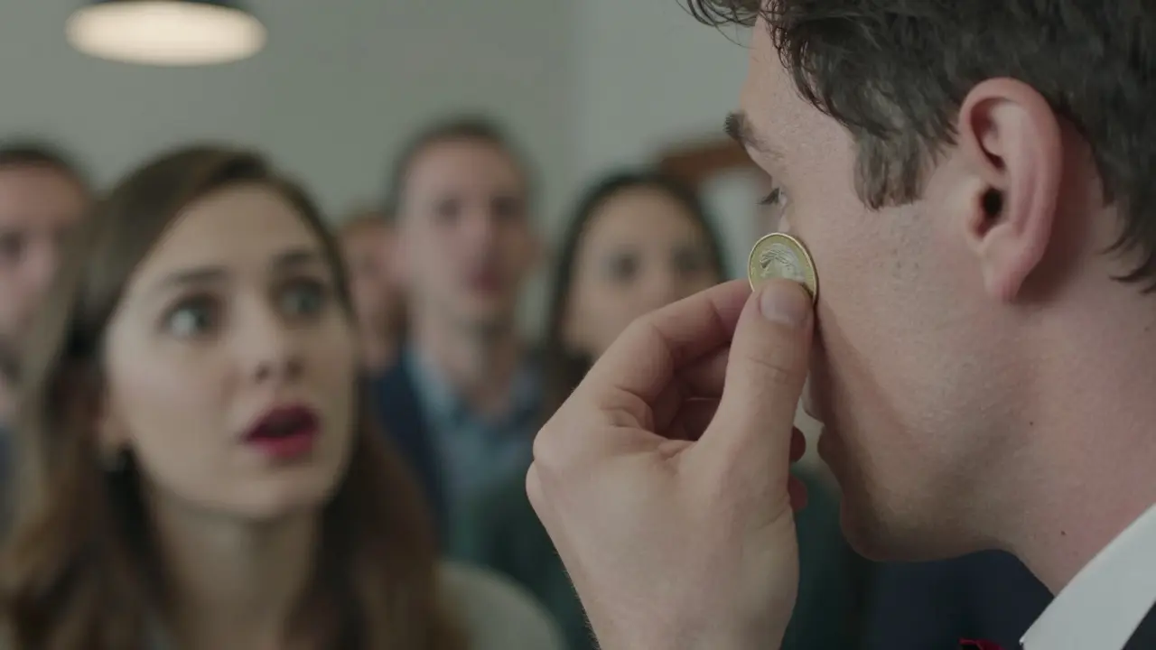 La mano de un mago saca una moneda de la oreja de un espectador, sin decir nada, mientras la audiencia mira con asombro.