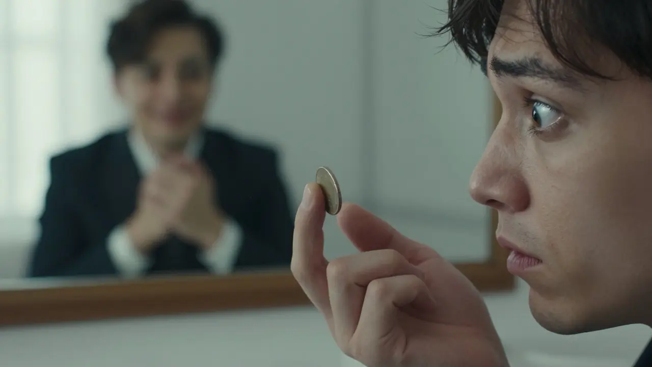 La mano de una persona levantándose de la mesa, confundida, tras la desaparición de una moneda.