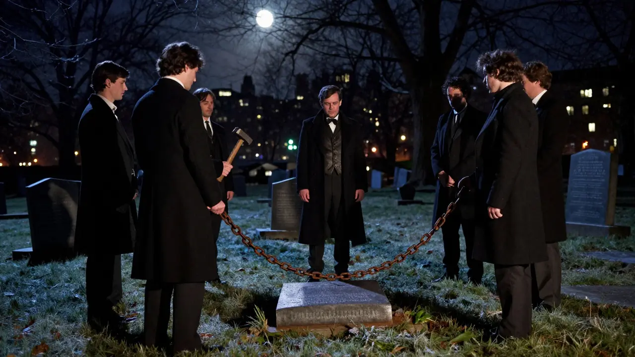Magicians breaking a chain at Houdini's gravesite under moonlight in a quiet cemetery.