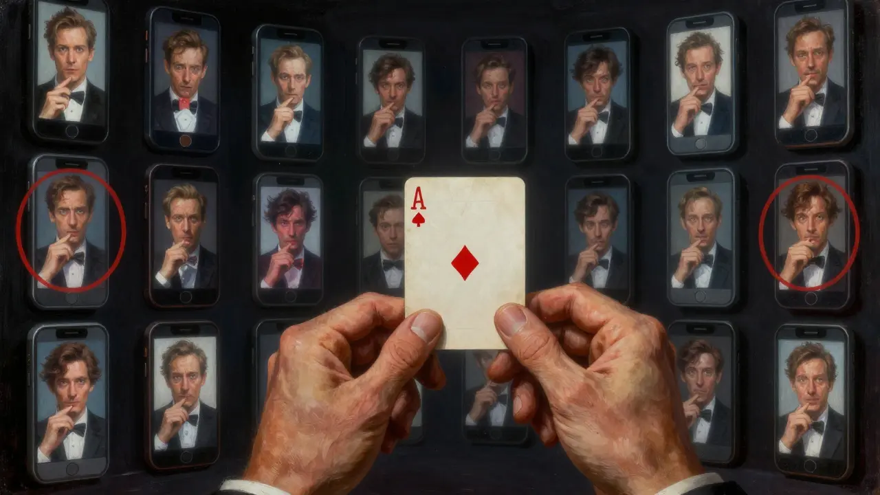 Manos de un mago sosteniendo una carta mientras pantallas de teléfonos muestran sus trucos analizados.