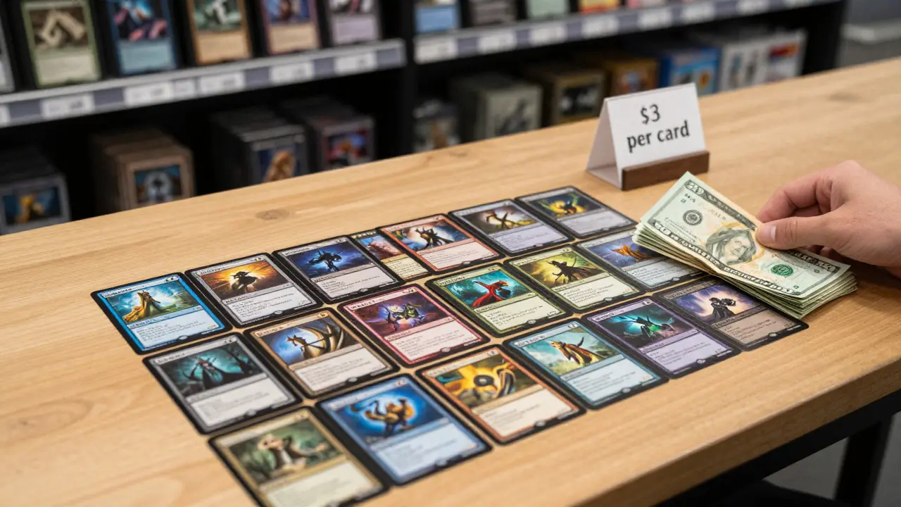 Mazo competitivo de Magic: The Gathering organizado sobre madera, con un billete de  al lado.