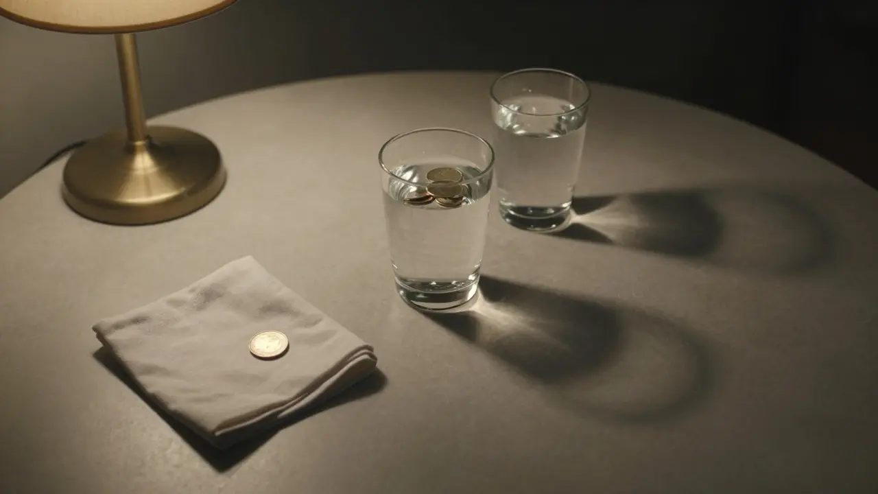 Mesa con moneda, pañuelo y vaso de agua; el reflejo en el vaso muestra tres monedas en lugar de una.
