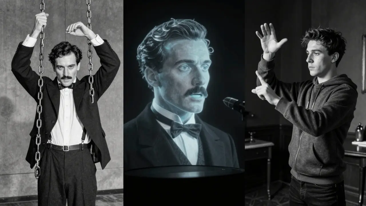 Three generations of magic: vintage Houdini, AI hologram, and modern magician practicing.