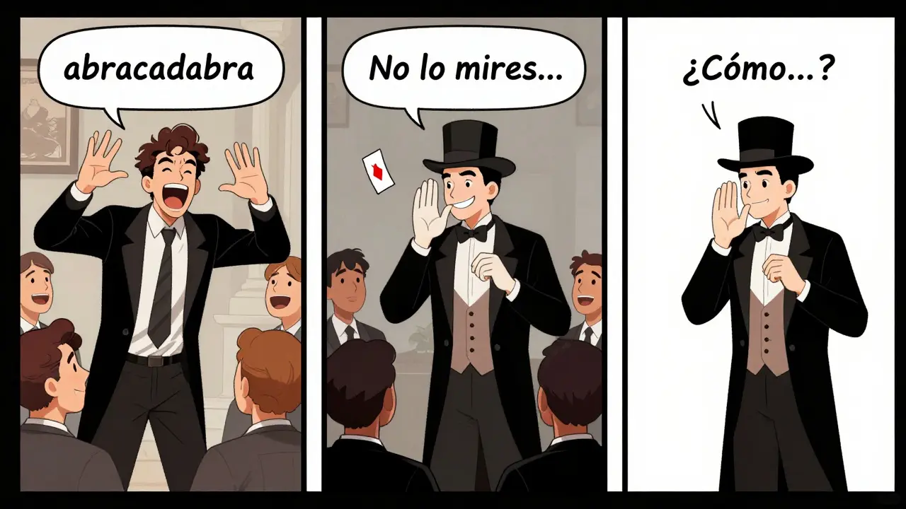 Tres escenas comparando: alguien diciendo 'abracadabra' con risas incómodas, un susurro mágico y el silencio total que genera asombro.