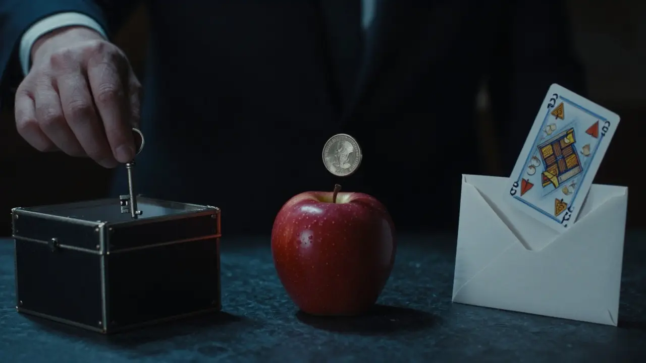 Tres escenas mágicas distintas: una llave en una caja de zapatos, una moneda en una manzana y una carta en un sobre sellado, sin repetición de efectos.