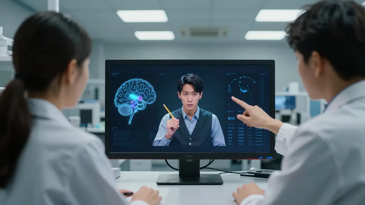 Tres personas en un laboratorio miran una pantalla donde un lápiz desaparece, con un análisis cerebral sutil.