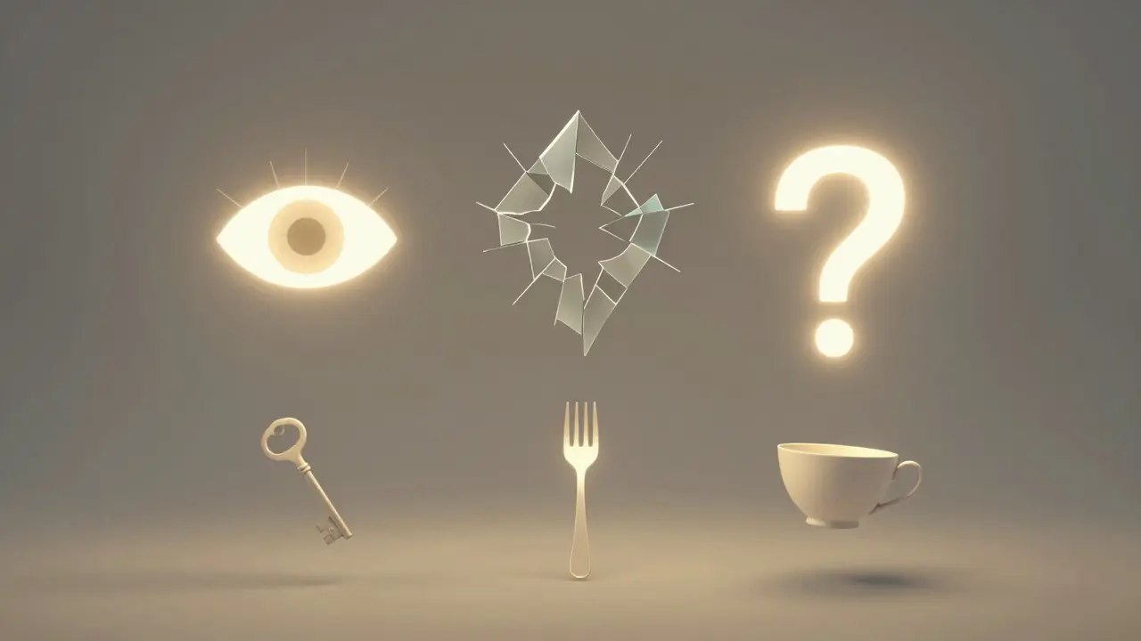 Tres pilares luminosos flotan sobre objetos cotidianos transformados por una luz suave.