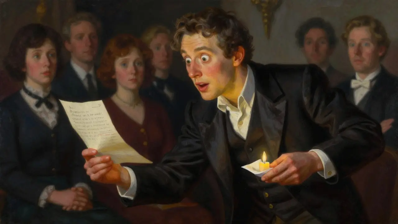 Un espectador mira asombrado cómo un papel doblado por él mismo flota desde su bolsillo hacia la mano del mago.