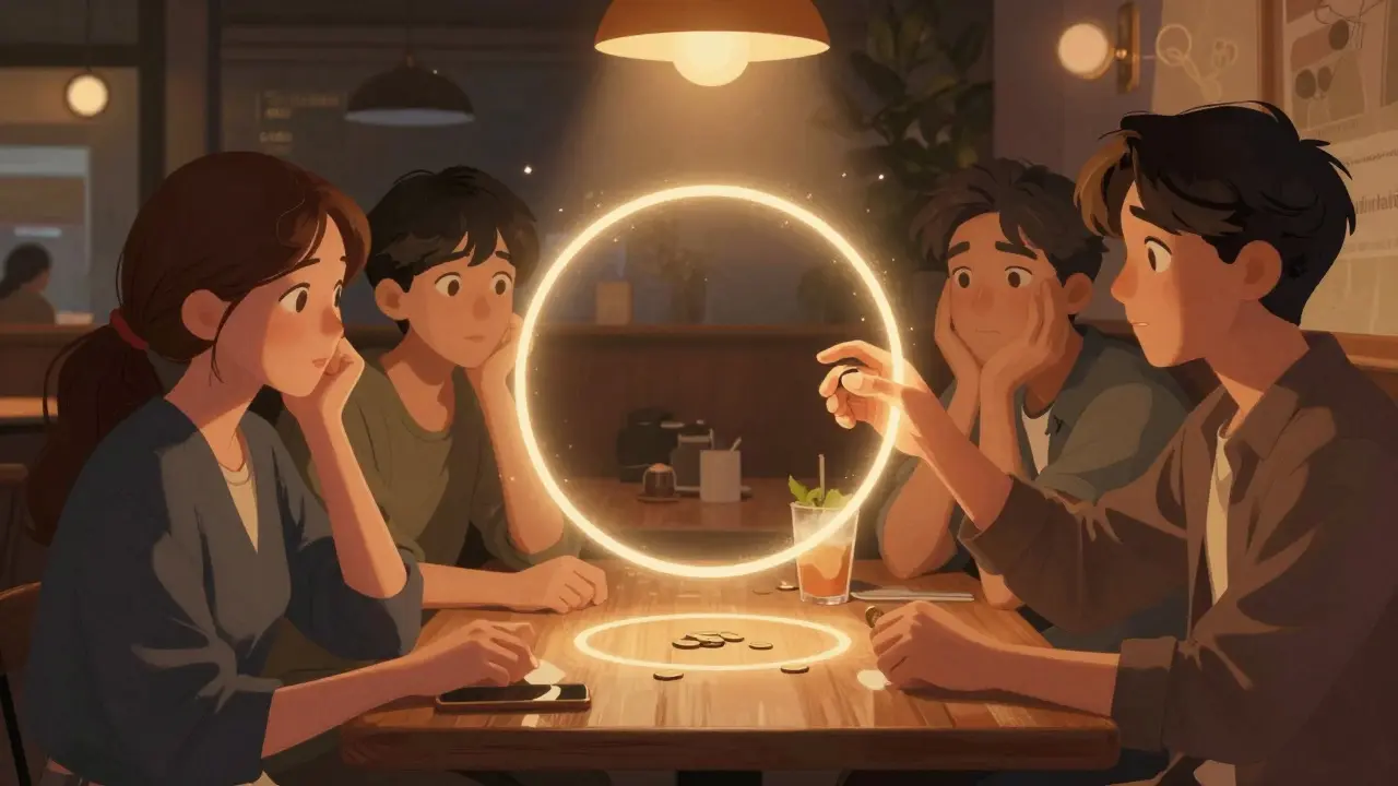 Un grupo de personas mira asombrado mientras alguien hace un círculo mágico en una mesa de café, con una moneda desapareciendo sutilmente.