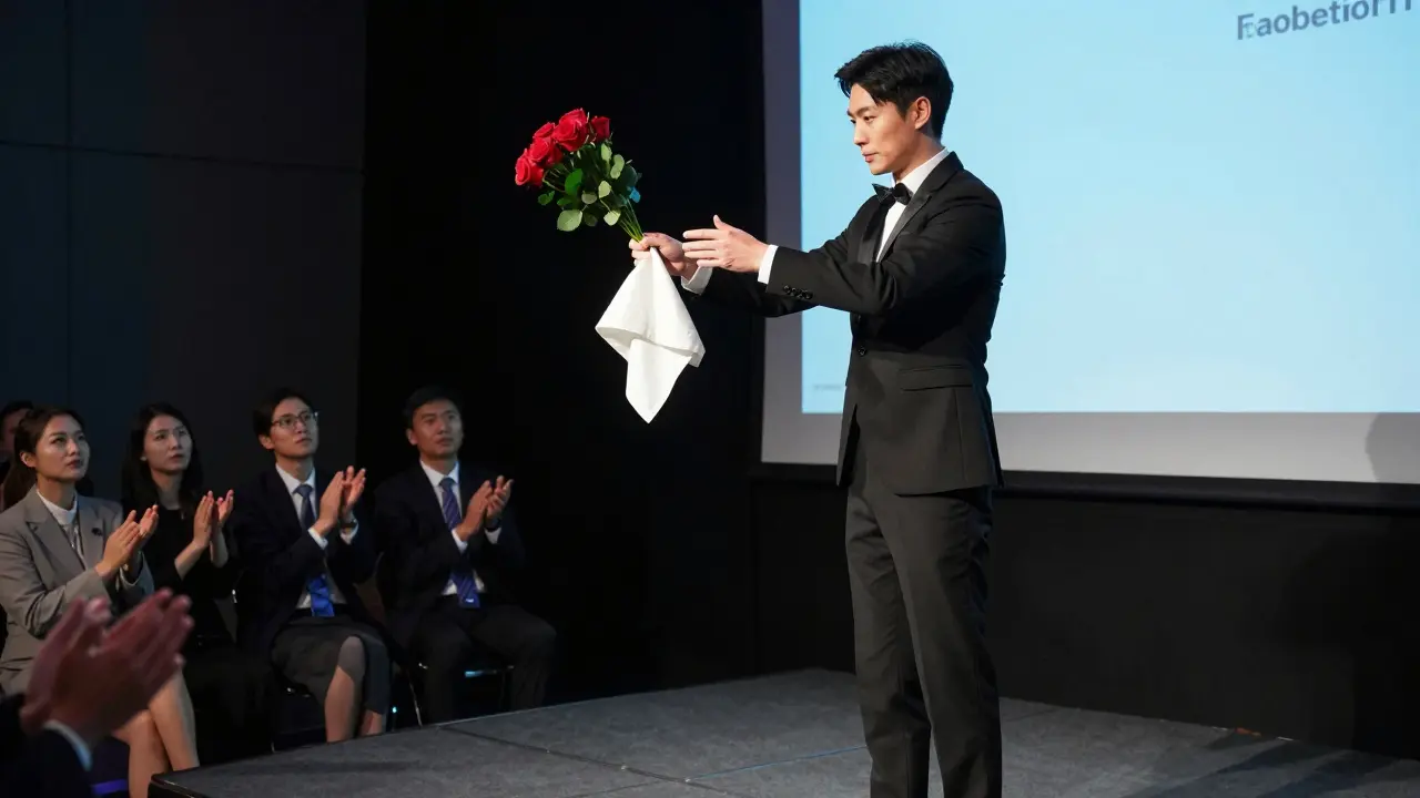 Un mago de escenario realiza una ilusión en un evento corporativo, una flor aparece de un pañuelo mientras la audiencia aplaude.