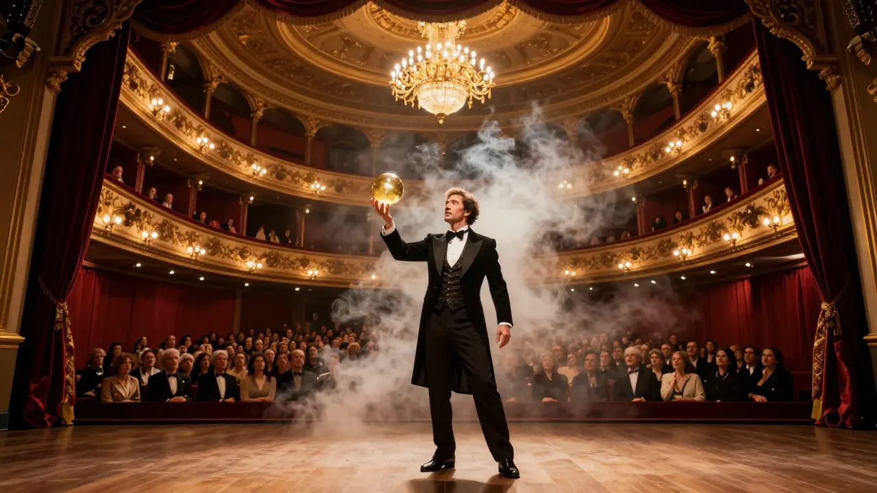 Un mago en escenario de teatro sostiene una esfera flotante mientras el público lo mira con asombro.
